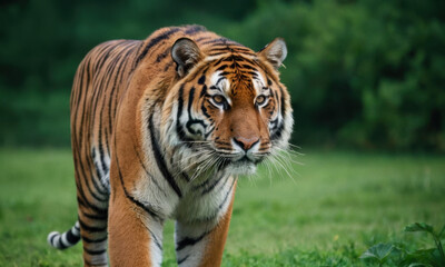 Fototapeta premium A tiger is seen walking across a lush green field