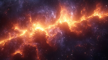 Naklejka premium Fiery nebulae in deep space, glowing with vibrant orange and yellow hues against a backdrop of dark cosmic dust and scattered stars.