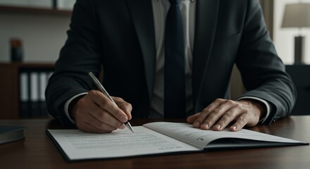 Businessman signing contract, serious expression, close-up shot, dark suit, wooden desk, office setting, pen in hand, legal document,