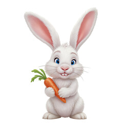 Fototapeta premium Cute White Bunny Holding Carrot, Blue Eyes, transparent background.