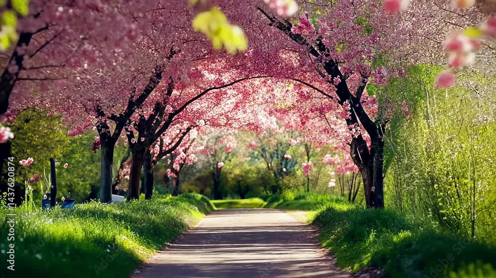 Poster spring blossoms fill the air with color as cherry trees create a vibrant path for tranquil strolls i