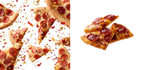 Pepperoni pizza slices scatter joyfully with confetti on a clean white backdrop, ideal for festive events or marketing promotions related to food