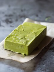 A rectangular block of dessert, a pistachio or matcha blondie or fudge, displayed on a piece of parchment paper.