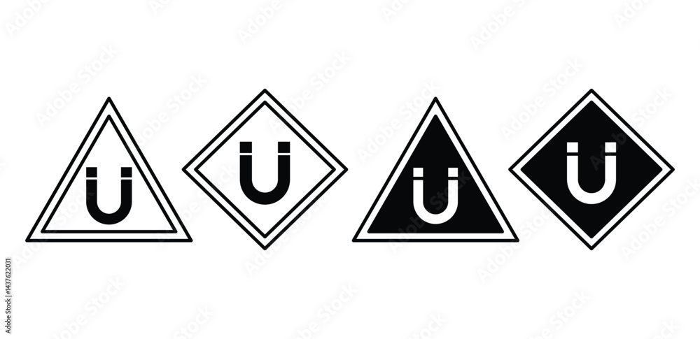 Poster strong magnetic field warning icons black and white triangular and diamond shapes vector design