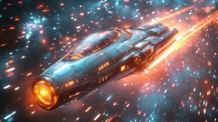 Futuristic spaceship in hyperspace travel, starfield background