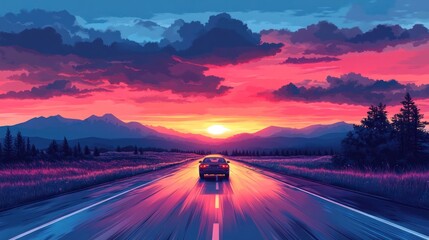 Sunset Drive on Mountain Road;  Car on Wet Highway