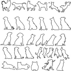 Dog outline vectors, different breeds sitting and standing different styles. Vector collection of pet, puppy, and canine designs isolated on a white background