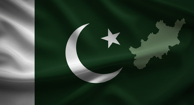Waving Flag of Pakistan with National Map Overlay Representing the Gilgit Baltistan Region with Crescent and Star Symbolism for National Identity Patriotism and Geopolitical Representation
