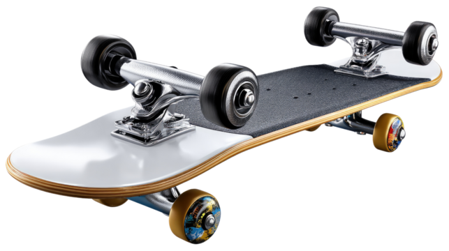 Skateboard Closeup: A detailed close-up showcases a modern skateboard, highlighting its components in a visually engaging composition, perfect for enthusiasts of the sport.
