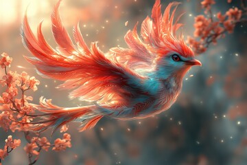 Fantasy Bird with Vibrant Feathers in a Mystical Blossom Setting