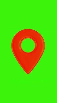 red big location map pin front view icon, 3d rendered animated model, map red marker symbol angle view, poping up animation on solidgreen screen vertical background