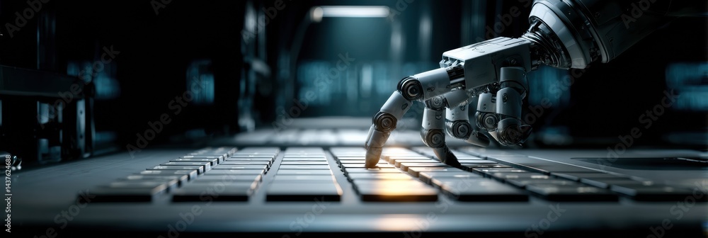 Aufkleber Robot Typing Skillfully on a Keyboard in a Dark Studio Environment, Showcasing Advanced Technology at Work on a Late Evening
