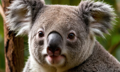 Naklejka premium Close-up photo of a koala sitting in a tree, perfect for use in wildlife or nature-related contexts