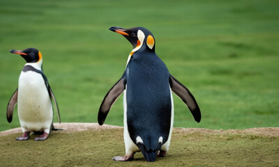 Fototapeta premium Two penguins standing side by side, possibly in a zoo or wildlife enclosure