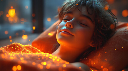 A child peacefully sleeping, bathed in warm, golden light, with ethereal sparkles.