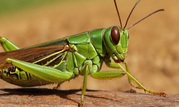 A close-up shot of a green grasshopper sitting on a piece of wood