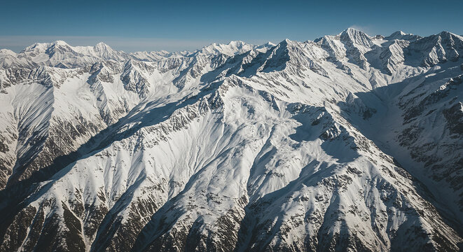 War, conflict, standoff, tension an aerial view of a vast mountain range covered in snow under a clear blue sky on a bright sunny day