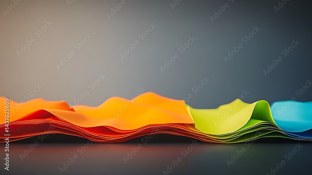 Poster vibrant layers of colored paper gracefully flowing across a smooth surface, creating a dynamic visua