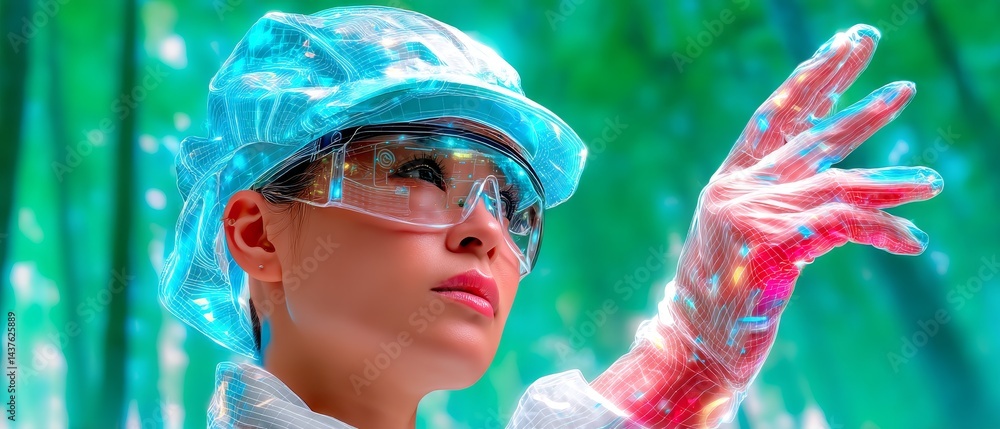 Aufkleber tech analyst engaging with ai technology in a futuristic forest environment hyperreal digital artwor