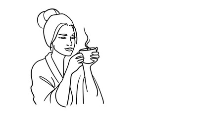 Woman drink coffee, line art drawing. Barista made tea on white background. Enjoying the moment now. Vector illustration