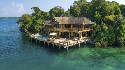 stunning island villa with wide open deck and lounge area, surrounded by lush greenery and water