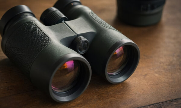 A pair of binoculars sits on top of a wooden table, ready for use