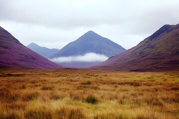 Fototapeta premium Majestic Highland Scottish landscape featuring purple heather hills and golden valley under a misty sky