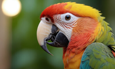 Close-up shot of a vibrant parrot with a bright green background