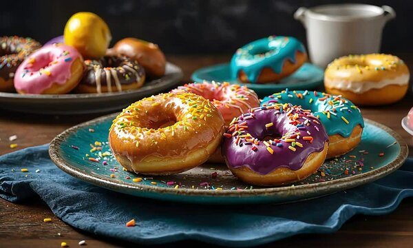 An assortment of colorful and delicious donuts stacked on plates.