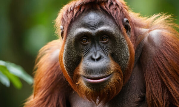 Close-up shot of an orangutan's face, looking directly at the camera