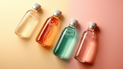 Four small, clear glass bottles of liquid, different colors, on a pastel colored background.