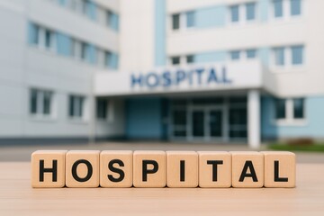Obraz premium Wooden Cubes Showing Hospital Word in Front of Blurred Hospital Building
