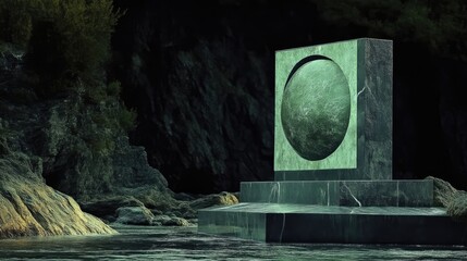 Dark, ethereal, stone monument by water