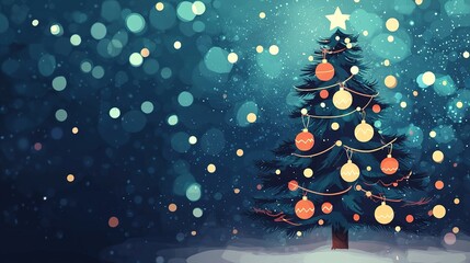 Digital art of a glowing christmas tree with colorful ornaments in a festive winter wonderland