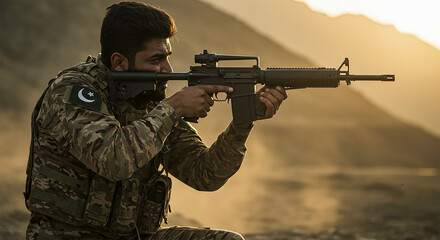 War, conflict, standoff, tension a soldier in camouflage aiming a rifle with pakistan flag patch in a desert mountain landscape at sunset