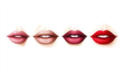 Fototapeta premium Set of four illustrated female lips in different lipstick shades, smiling expressions, white background, beauty and makeup concept. Copy space