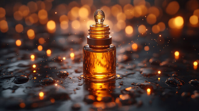 Golden elixir in a glass bottle, surrounded by glowing orbs and water droplets, on a dark surface.