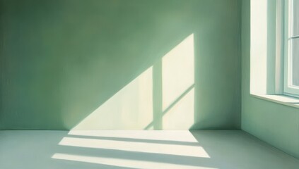 Fototapeta premium Empty room with sunlight casting shadows on pale green walls and floor