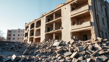 Abandoned building with rubble highlighting urban decay  