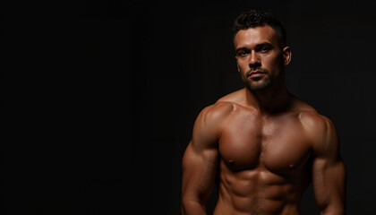 Fototapeta premium Muscular man posing against black background, for fitness advertising