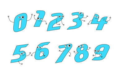 Cheerful Light Blue Cartoon Number Characters from Zero to Nine with Googly Eyes, Arms, and Legs. Designed for Early Childhood Education and Basic Numeracy