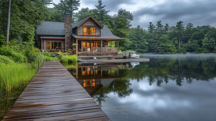 Fototapeta premium serene lakefront vacation home with wooden deck and boat dock, surrounded by lush greenery