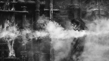 Woman enveloped in industrial smoke and steam, amidst rusty pipes and machinery.