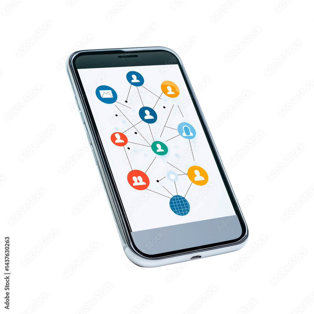 Poster smartphone displaying colorful user icons representing connectivity and social interaction