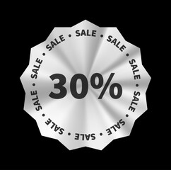Silver metallic 30 percent discount sticker. Ideal for advertising, sales events, and online store promotions.