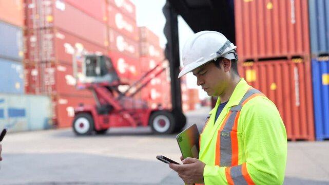 A port worker in a hard hat and high visibility vest checks his phone as a reach stacker moves containers at a busy terminal