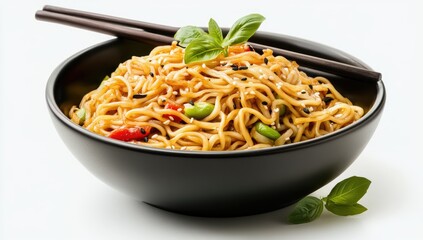 Bowl of savory,  noodles with vegetables.  Chopped vegetables and seasonings blend with  tender noodles.  Aromatic,  delicious dish