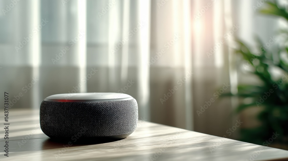 Aufkleber Voice Assistant Device on a Table in a Bright and Minimalistic Room With Sunlight Pouring in Through Sheer Curtains
