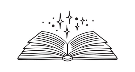 Open library book magic of reading, shining with stars doodle hand drawn icon. Outline drawing open book line clipart symbol