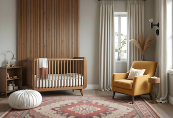 Stylish Modern Nursery Room with Wooden Crib, Orange Armchair, Patterned Rug, and Wooden Accent Wall - Cozy Interior Design